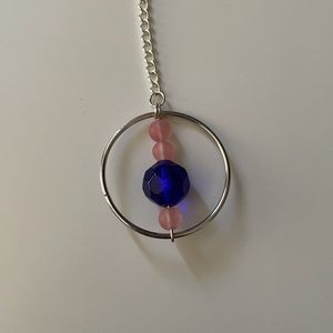 Y style rose quartz gemstone and blue glass necklace